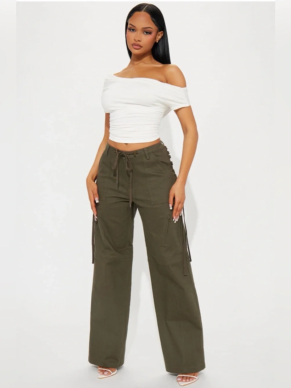 Women’s Olive Wide-Leg Cargo Jumpsuit Pants